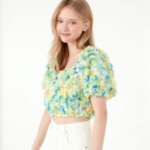 Free the Roses Anthropologie Embellished Colorful Crop Top Floral Size Large NWT